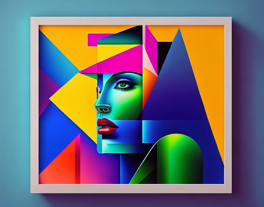 Vibrant geometric digital artwork of woman's profile on wall