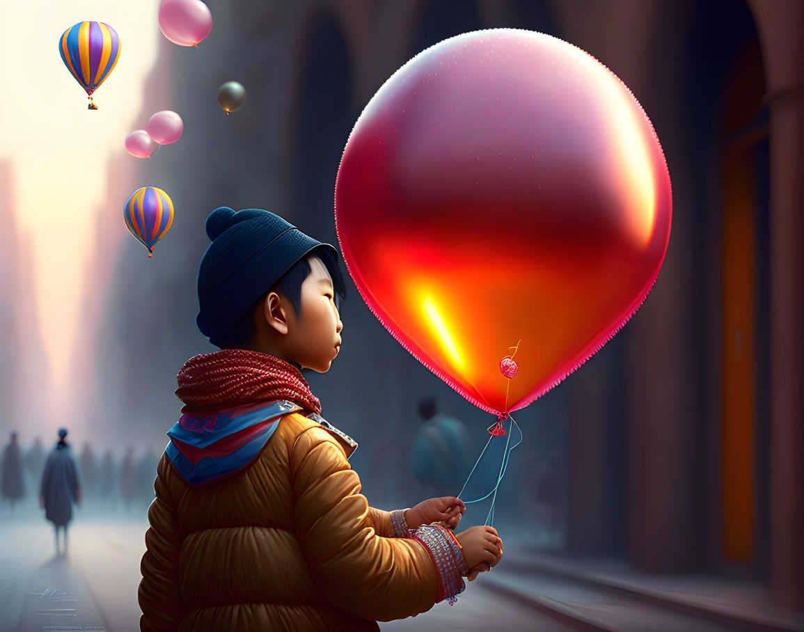 Child in warm clothing admires glowing red balloon with whimsical backdrop