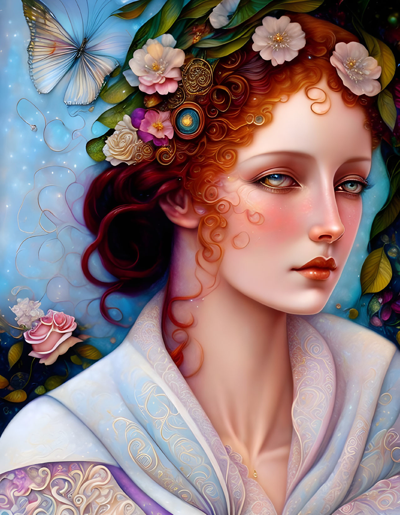 Surreal portrait of a woman with flowers, butterfly, celestial background