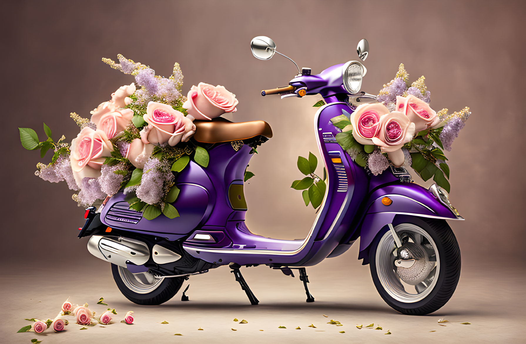 Purple vintage scooter with floral decorations on taupe backdrop.