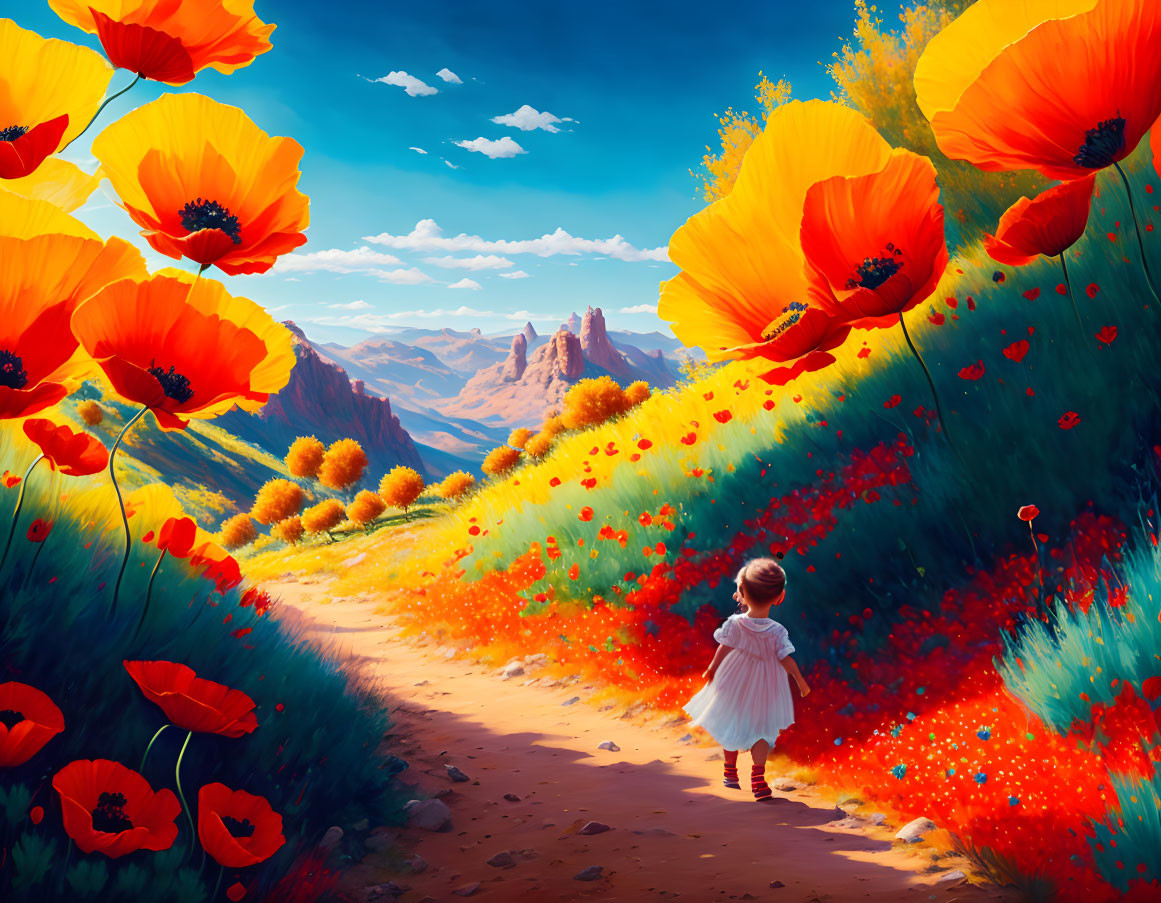 Child in white dress on vibrant path with red poppies and mountains in the distance