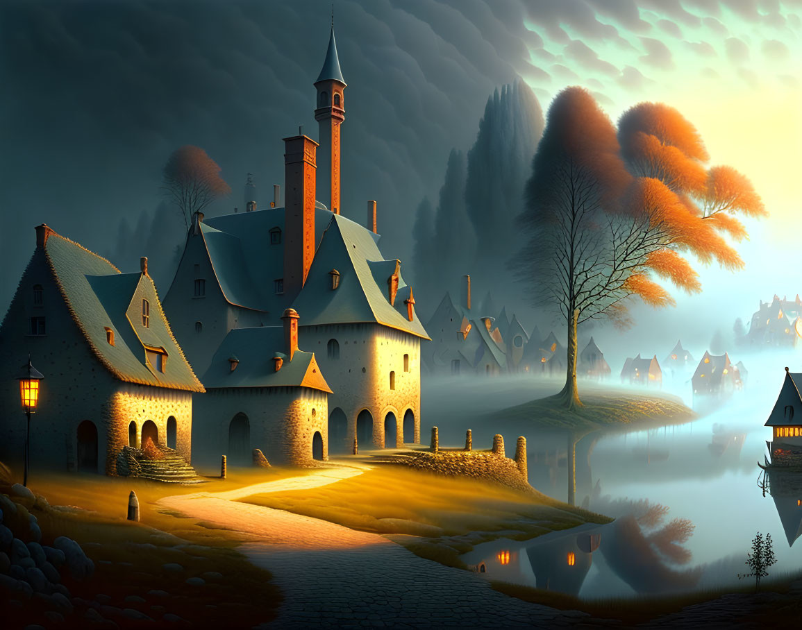 Fantasy castle at twilight with lake, tree, and foggy houses