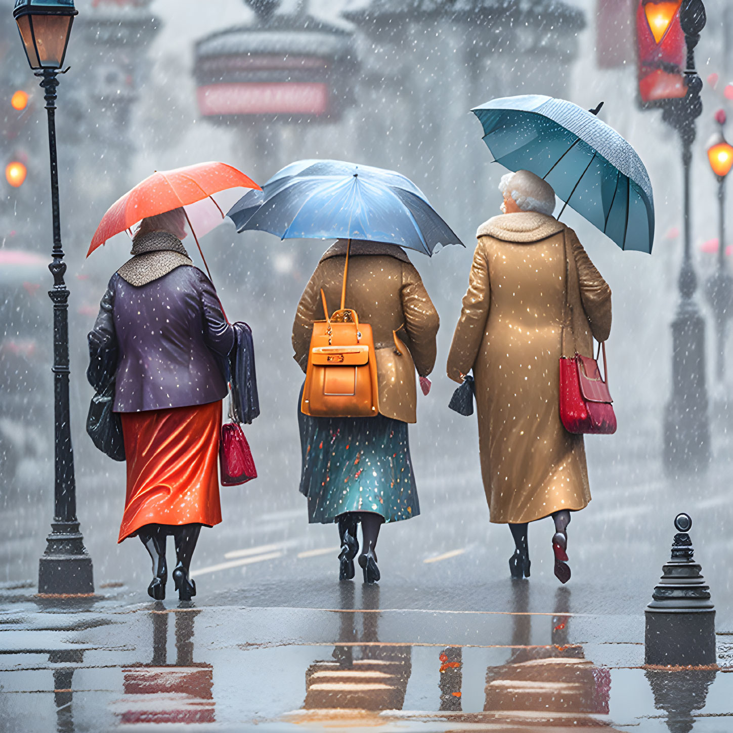 Three People Walking in Rainy City Street with Umbrellas and Street Lamps