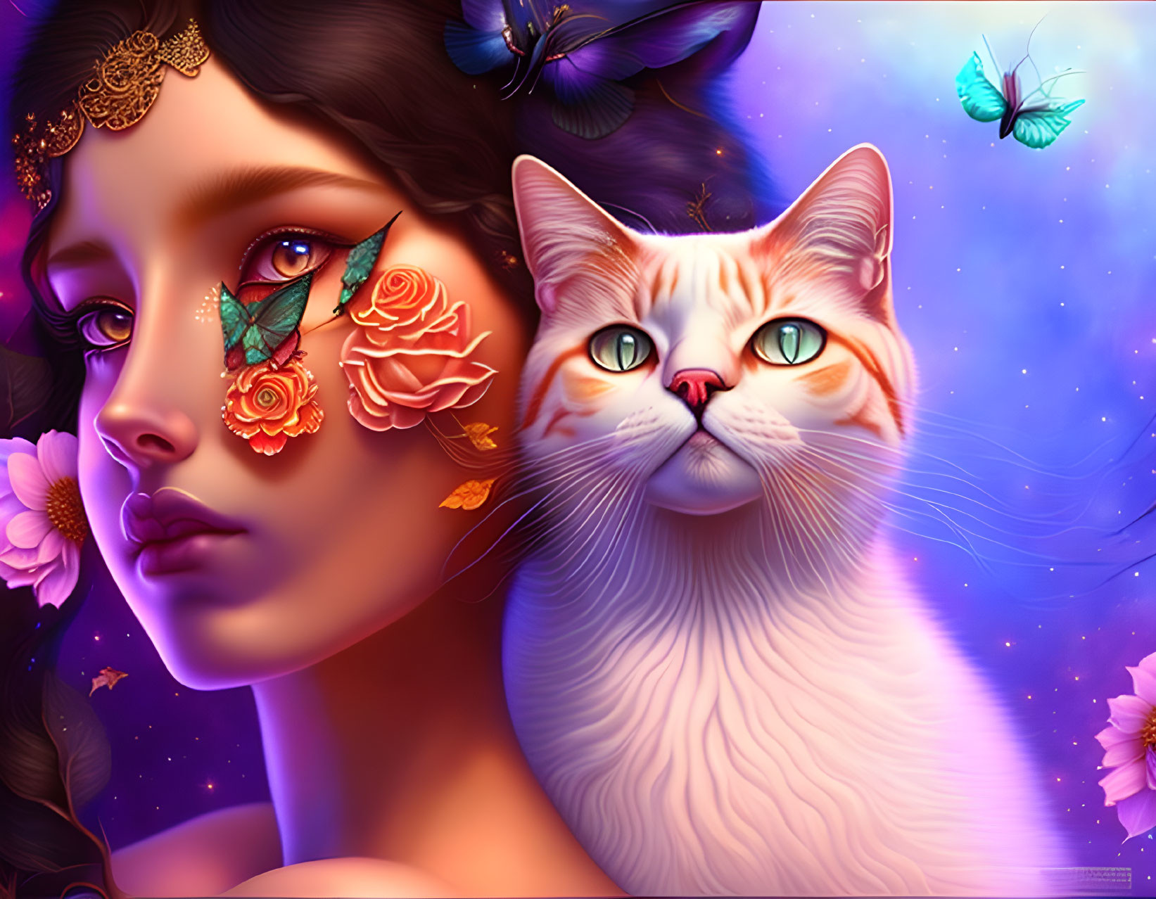 Digital artwork of woman and cat with floral designs in starry setting.