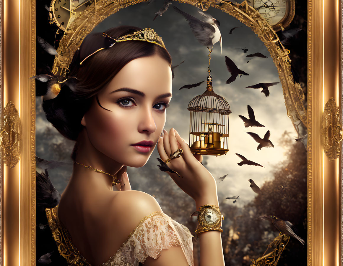 Portrait of elegant woman with headpiece in front of mirror with birds and cage in golden frame