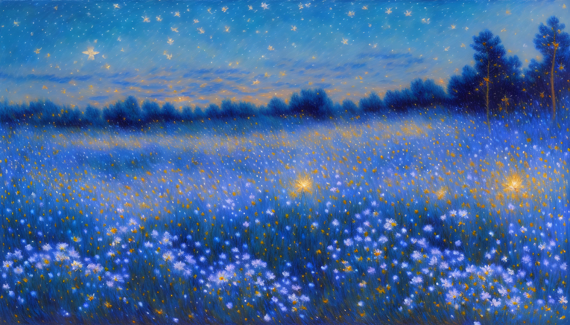 Vibrant blue meadow with luminous flowers under starry sky