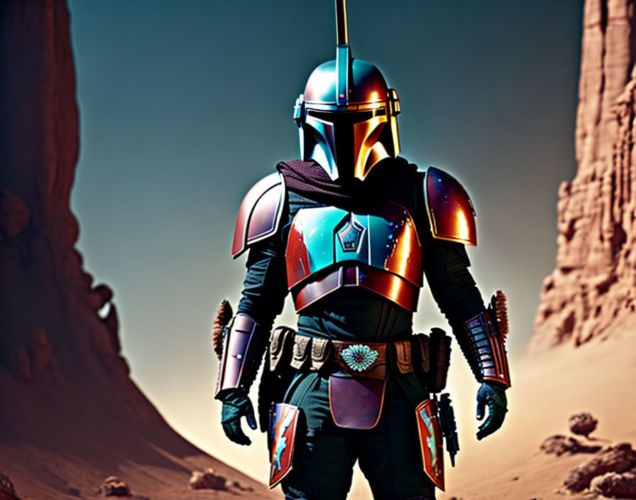 Colorful Mandalorian armor figure in desert landscape with tall rock formations