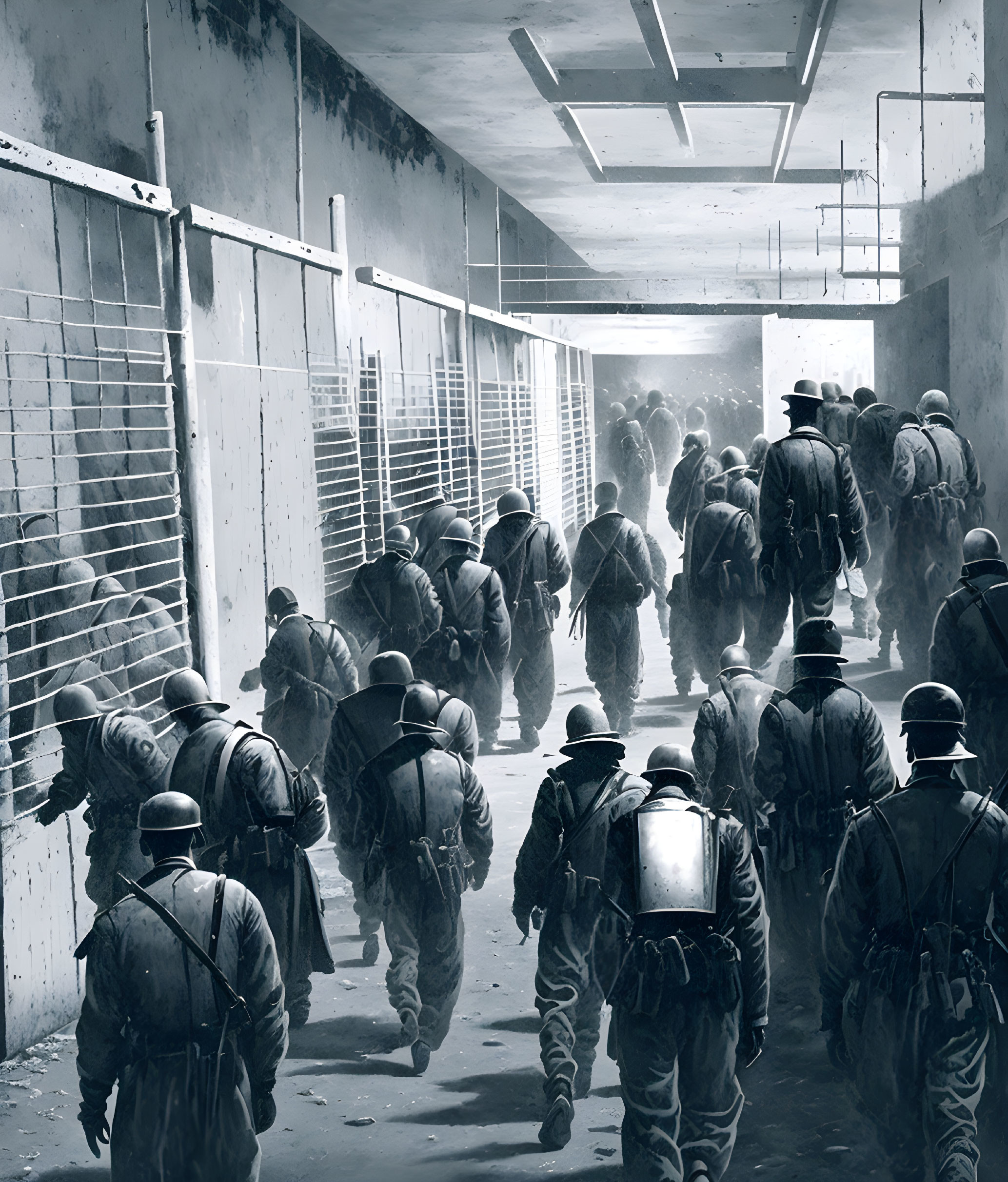 Group of soldiers in gear marching through dimly lit industrial corridor