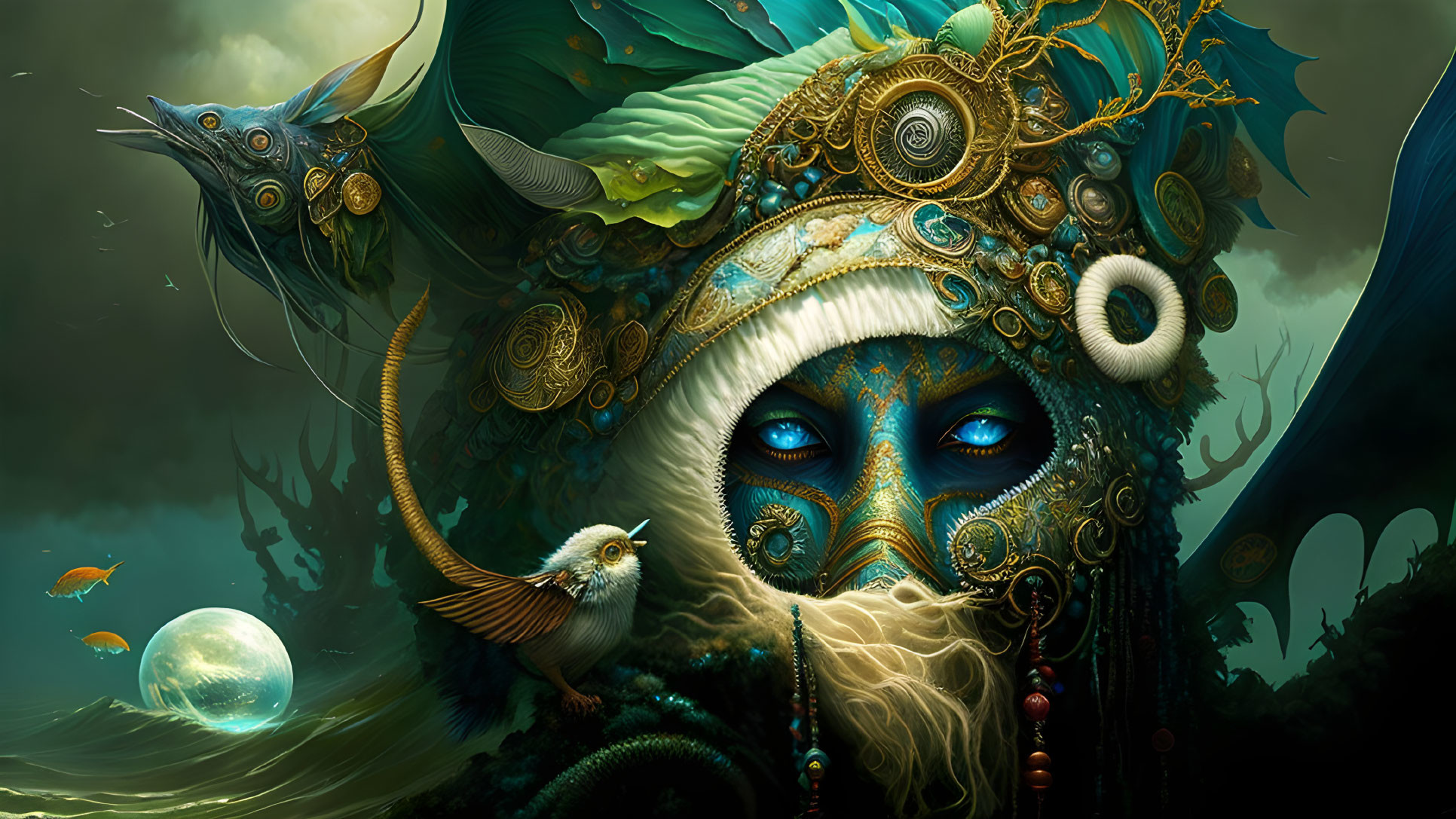 Detailed Mask and Fantastical Creatures in Mystical Setting