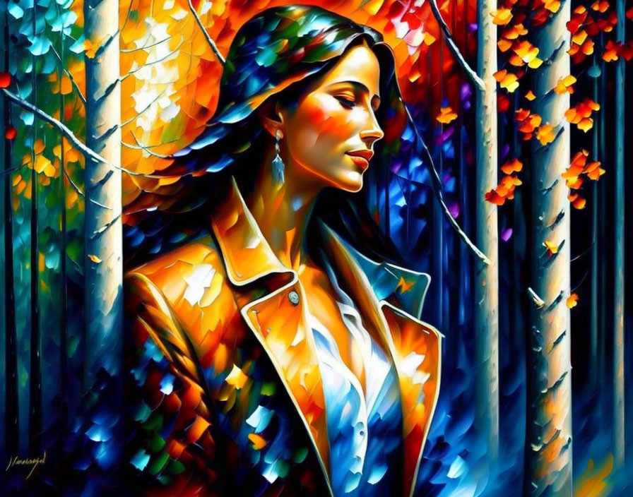 Colorful Abstract Forest Setting with Serene Woman Portrait