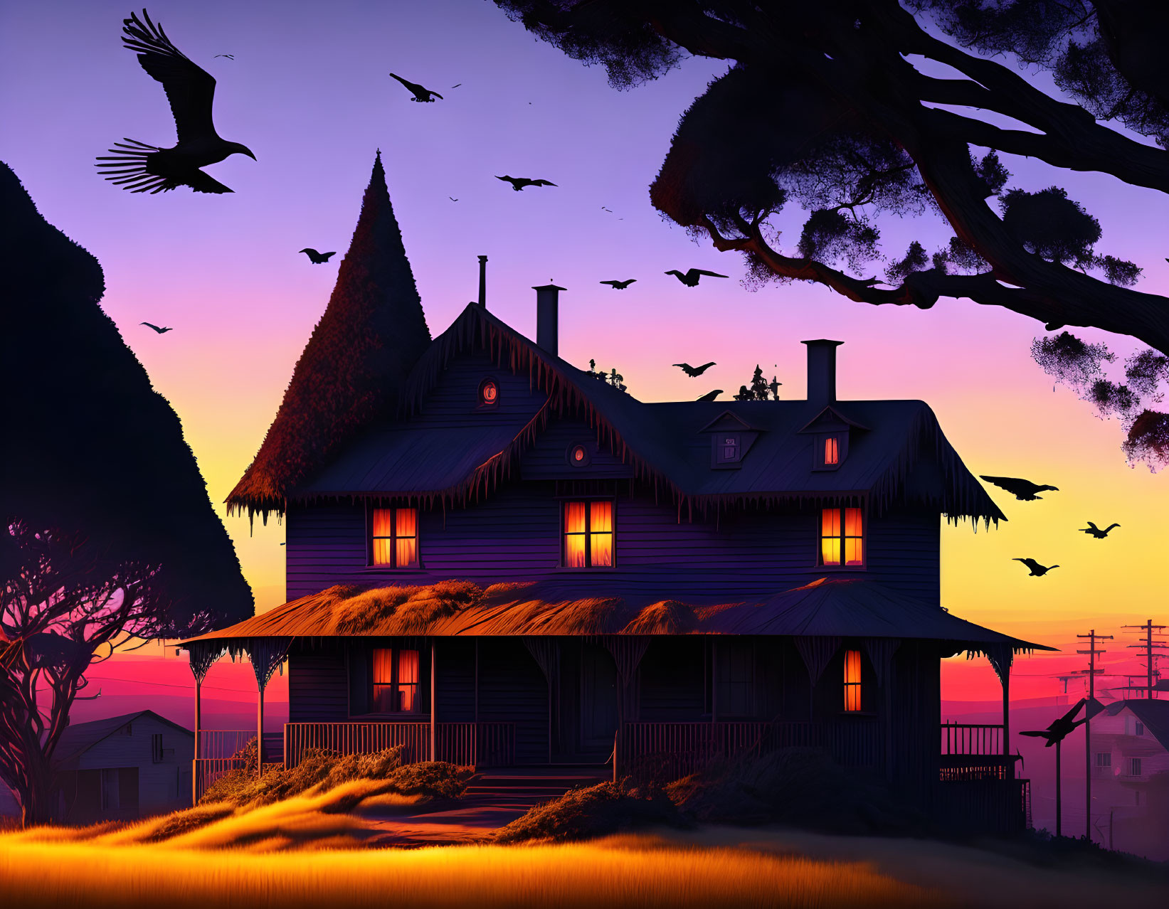 Victorian house at twilight with bird silhouettes, purple and orange sky, tree silhouettes