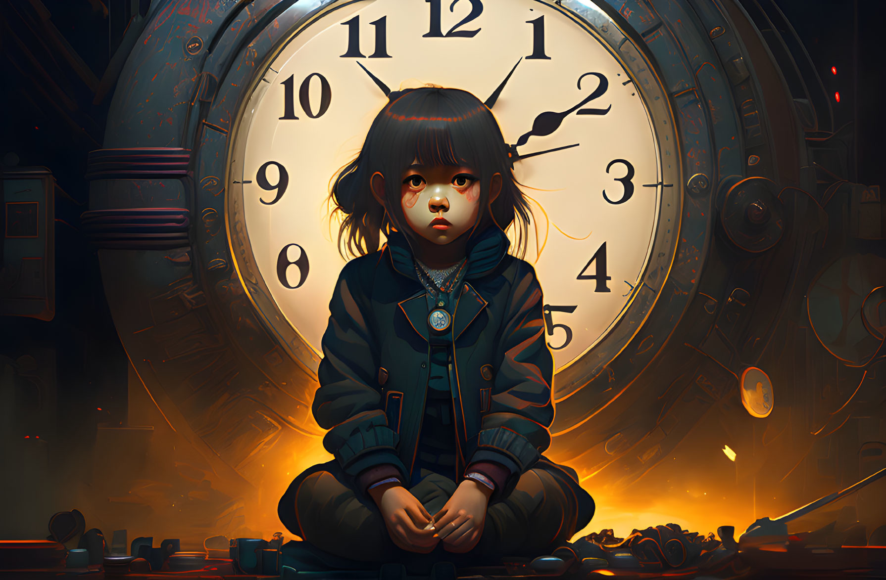 Young girl in front of giant clock face and steampunk machinery.