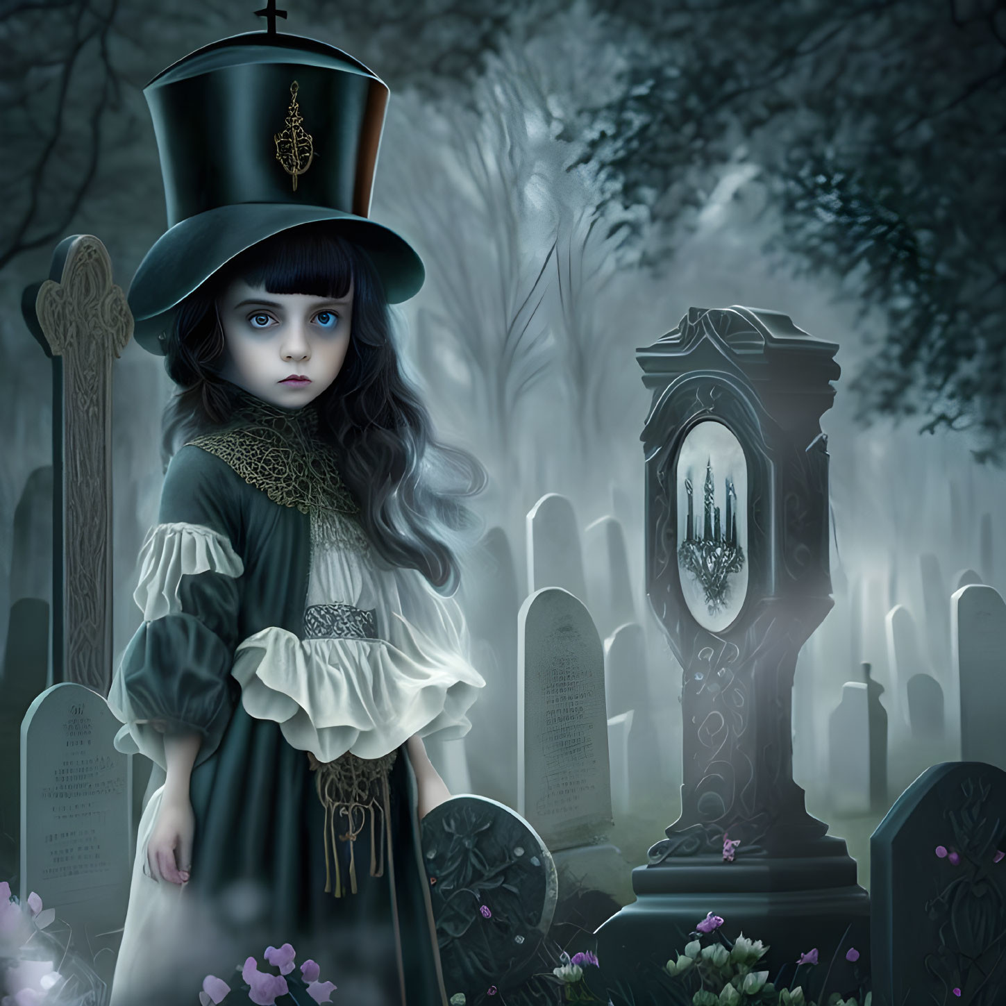 Victorian girl in top hat at misty graveyard with tombstones and glowing flowers