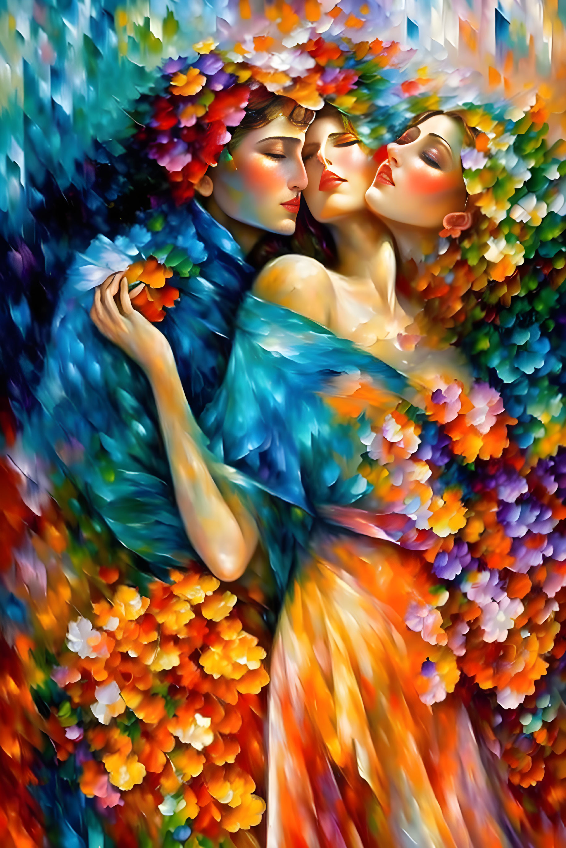 Vibrant, Multicolored Flowers Surround Embracing Women