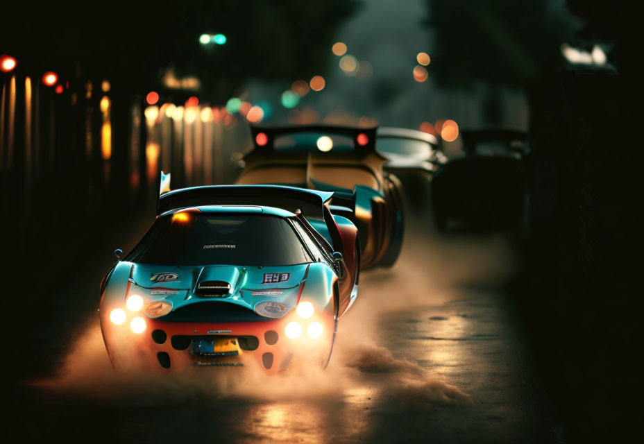 Toy car racing on dimly lit street with blurred vehicles in background