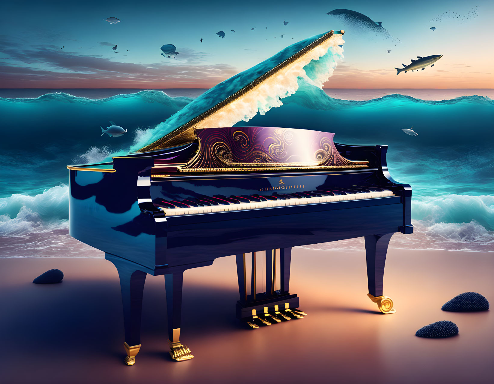 Grand piano with crashing wave and surreal oceanic backdrop at twilight