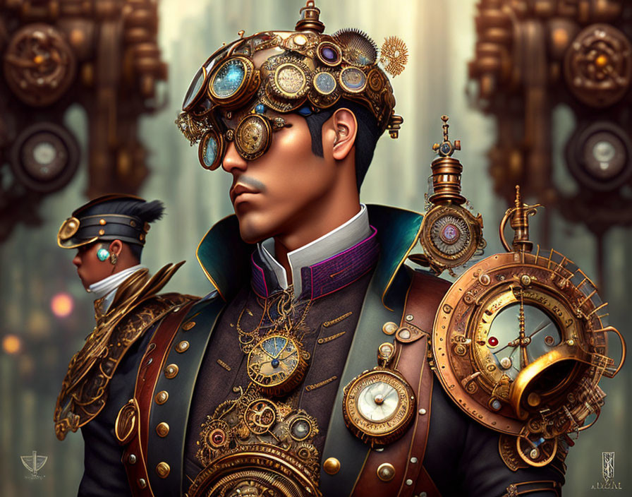 Steampunk-inspired digital artwork of two figures in industrial setting