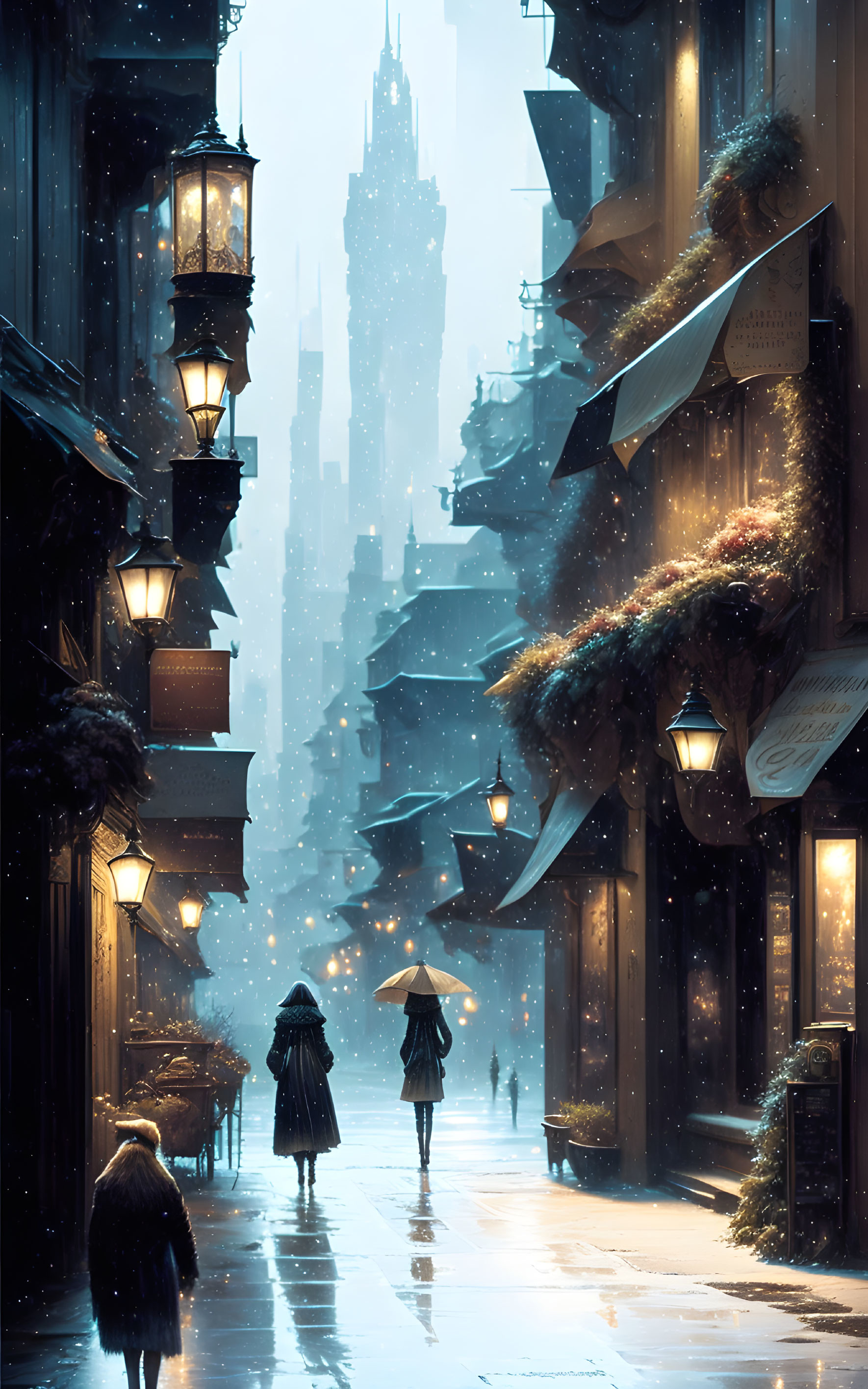 Snowy evening scene: Lantern-lit street with people under umbrellas, buildings with lit windows,