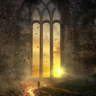 Mystical forest and gothic window scene with sunset and birds