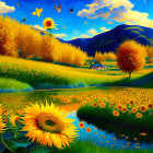 Scenic landscape painting with sunflowers, river, hills, cottages, and birds