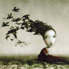 Surreal portrait of woman with birds in pastoral scene