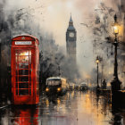 Foggy evening scene with red telephone box, people walking, vintage street lamps, and Big Ben