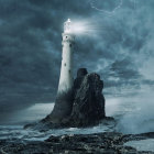 Stormy Seascape with Towering Lighthouse and Lightning Sky