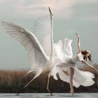 Woman with Swan Wings Surrounded by Misty Backdrop