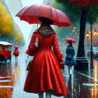 Colorful painting of two women with umbrellas in rainy street scene