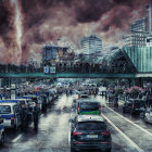 Futuristic cityscape with classic police cars and energy wave above highway