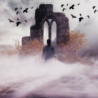 Person standing before floating arched window in surreal landscape.