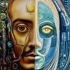 Symmetrical digital artwork: Intricate robotic faces in steampunk style