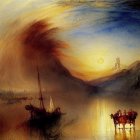 Maritime sunset scene with tall ships, small boats, and misty mountains