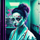 Illustration of Intense Woman in Lab Coat with Blood Splatters