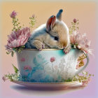 Adorable bunny in floral teacup with Easter eggs & spring flowers