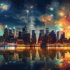 Colorful fireworks illuminate modern city skyline at night