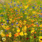 Colorful Yellow and Blue Flower Field with Blurred Background