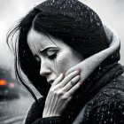 Woman in black hooded coat standing in the rain with black makeup, looking down.