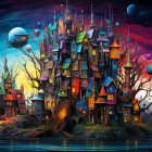 Whimsical island with vibrant houses, castles, hot air balloons, and sunset sky