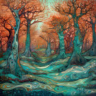 Whimsical forest with aquatic fusion and stylized trees