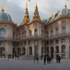 Panoramic view of colorful fairytale building with spires and domes