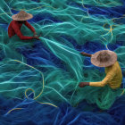 Colorful fishing nets repair by two individuals in wide-brimmed hats