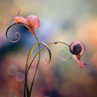 Snails on Flower Stems with Butterflies and Water Droplets