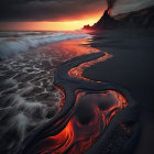 Dramatic sunset beach scene with lava flows meeting ocean waves