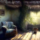 Sunlit Room with Ivy Wall, Armchair, and Plants