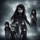 Children in Dark Clothes Under Ominous Cloudy Sky