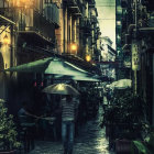 Rainy Evening Scene: Narrow Street, Umbrellas, Cozy Café, Conversation