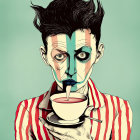 Whimsical male figure with surreal features and mismatched eyes in striped outfit holding a coffee cup on