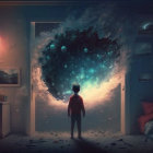 Child in red hoodie at bedroom doorway with cosmic scene.