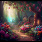 Enchanting forest scene with cottage, flowers, butterflies, rabbit, and sunlit pathway